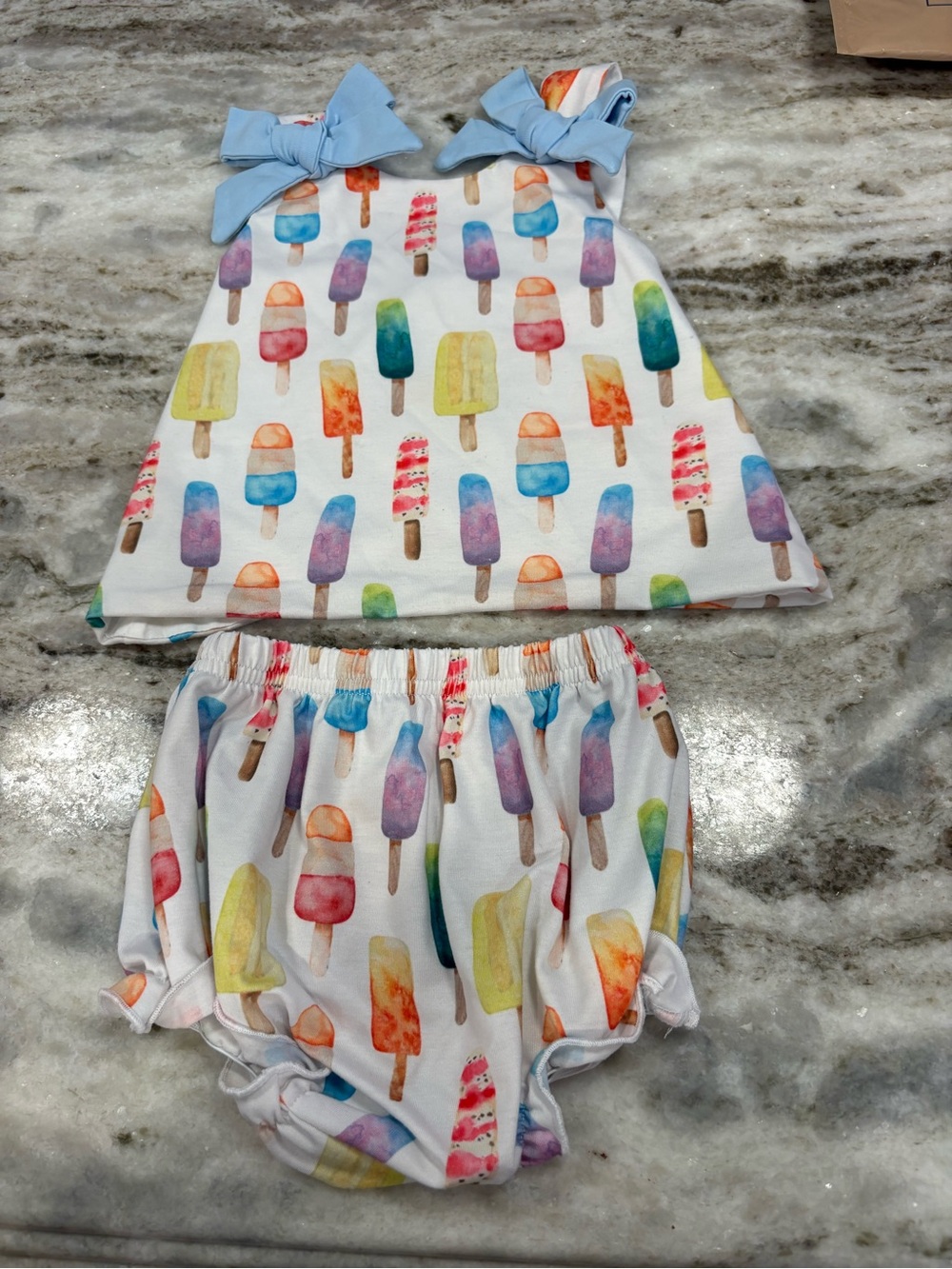 Girls White Popsicle Print Tank Top & Bloomers Set with Blue Bows